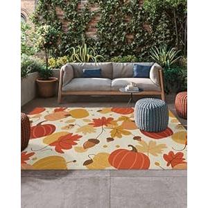 6x9 feet Outdoor Area Rug Non-Slip Carpet, Thanksgiving Fall Maple Leaf and Pumpkin Farmhouse Country Vintage Absorbent Mat Low Pile Rugs for Patio, Backyard, Deck, Picnic, Beach, Camping