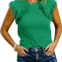 Saodimallsu Women's Sleeveless Crew Neck Fringe Cap Sleeve Pullover Sweater Vest (Green)