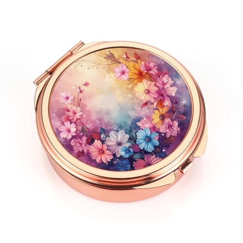 Dynippy Pill Case Pill Box with Mirror Pocket 3 Compartment Medicine Case Vitamin Pill Organizer for Pocket Purse and Travel (Round, Rose Gold-Petals Bloom)