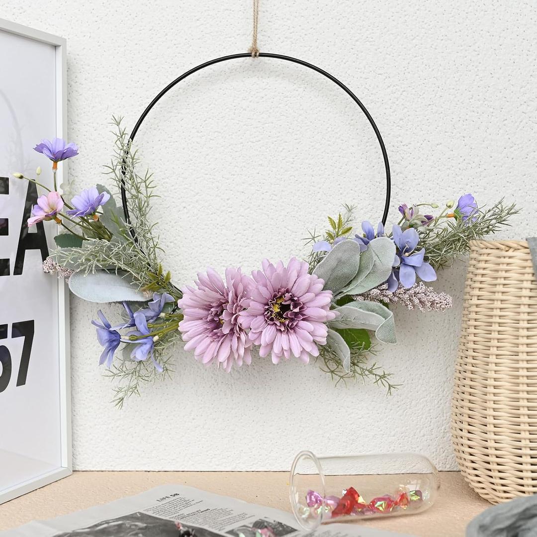 Weldomcor Artificial Floral Wreath for Front Door Floral Hoop Wreath Decor with Purple Flowers Green Leaves Garland Spring Wall Window Home Hanging Decorations