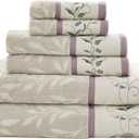 Madison Park Serene 100% Cotton Bath Towel Set Luxurious Floral Decorative Towels for Bathroom Embroidered Cotton Jacquard Design Soft Highly Absorbent for Shower 600 GSM, Multi-Sizes, Purple 6 Piece