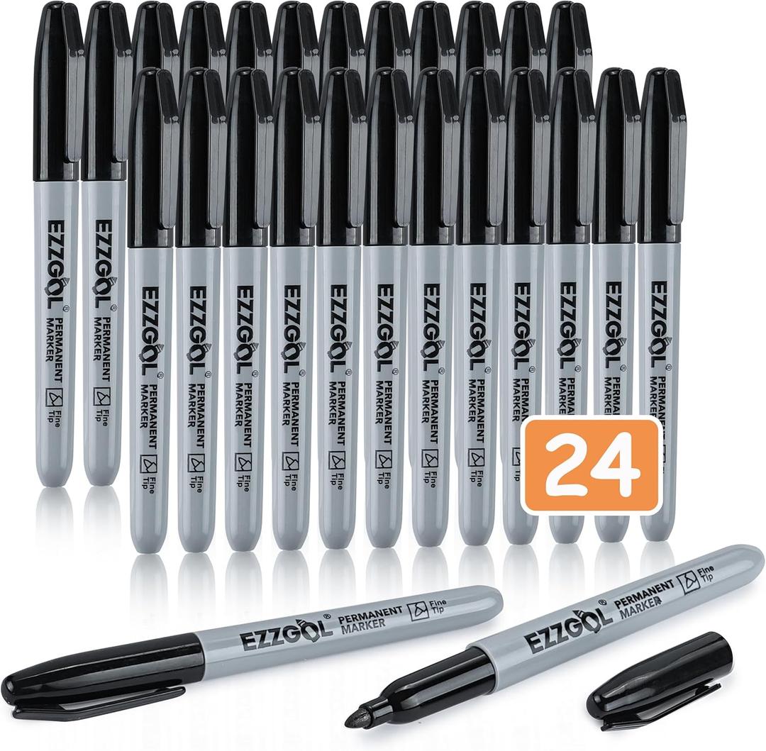 Black Permanent Markers Bulk, 24 Packs Fine Tip Permanent Marker, Waterproof Markers, Premium Smear Proof Pens, Quick Drying, Office Supplies for School, Office, Home