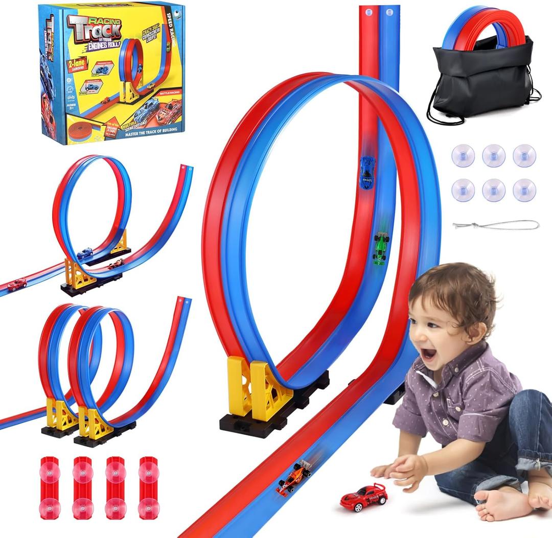 Flexible Race Car Track for Kids  15ft DIY Bendable Ramp with Suction Cups  Portable Roll-Up Car Track for Kids Compatible with 1:64 Diecast Cars  Birthday Christmas for Boys Girls Ages 3+
