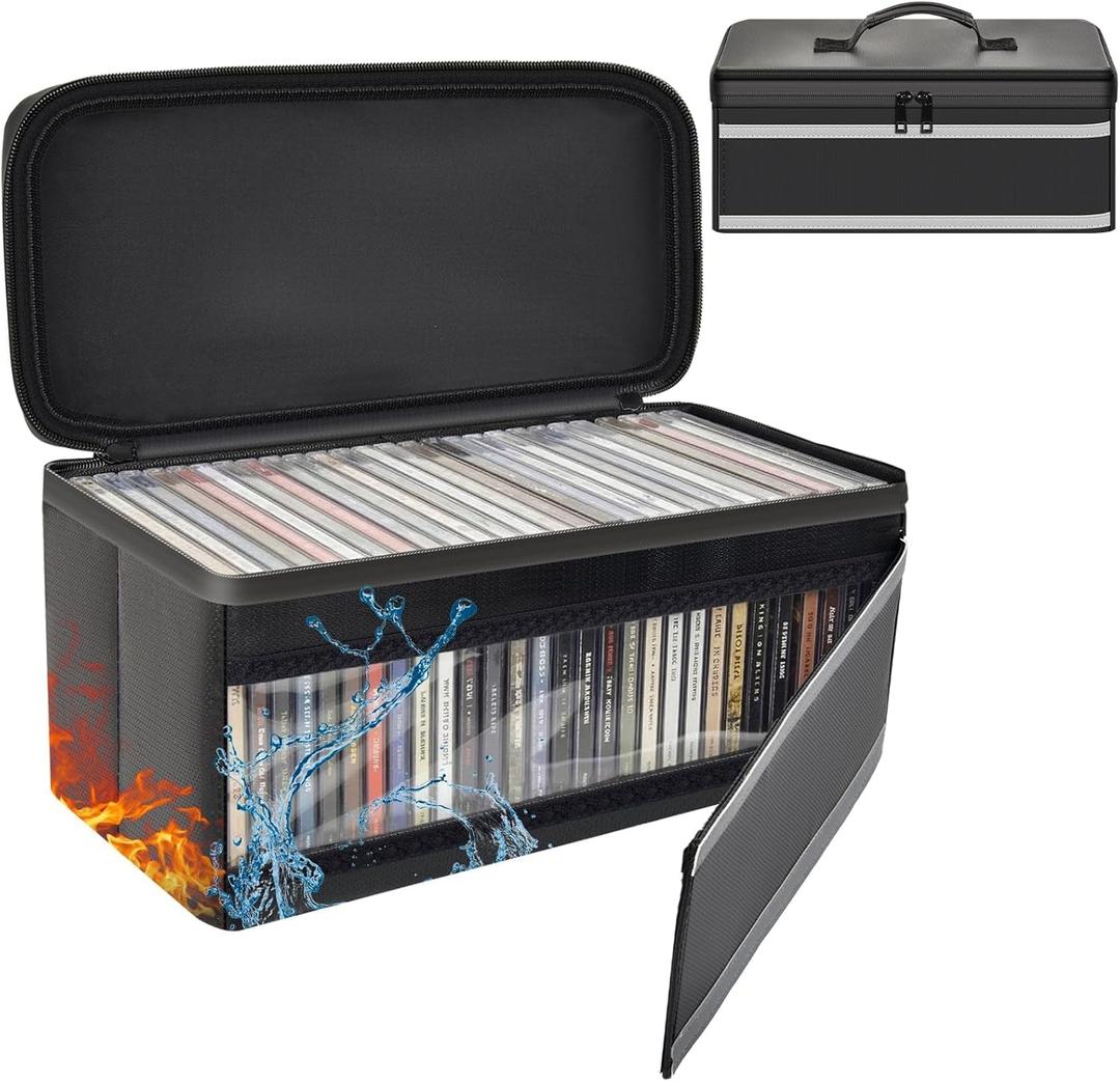Fireproof CD DVD Storage Case with Handle for Home, Car and Travel | Fire-Resistant, Carry Handle, Stores CDs and DVDs, for Home, Office, Car and Travel, Black, Case Only