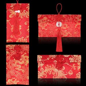 4 Pieces Silk Red Envelope Chinese Red Pocket Lucky Money Hong Bao Card Envelope for Spring Festival Wedding New Year Birthday, 4 Styles with Chinese Knot Jade Pendant Copper Coin (4)