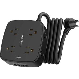 6 Ft Surge Protector Power Strip - 8 Widely Outlets with 4 USB Ports, 3 Side Outlet Extender with 6 Feet Extension Cord, Flat Plug, Wall Mount, Desk USB Charging Station, ETL,Black