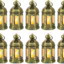 Mini Lanterns Decorative for Wedding Centerpiece - 10 Pcs Romadedi Hanging Small Gold Lantern Bulk with Flickering LED Candles for Halloween Decorations, Christmas Table Decor, Batteries Included