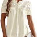 Womens Tops V Neck Short Sleeve Blouses Casual Flowy Button Up Shirts Embroidered Lace Boho Clothing Trendy (M)