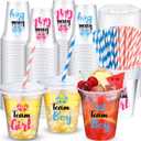 50 Pack Gender Reveal Party Plastic Cups with Lids and Paper Straws, 12 oz Disposable Team Boy Team Girl Gender Reveal Clear Plastic Cup for Blue Pink Baby Shower Party Favor Supplies