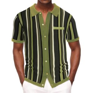 Mens Vintage Stripe Polo Shirts Short Sleeve Button Down Knit Sport Shirt Green XL