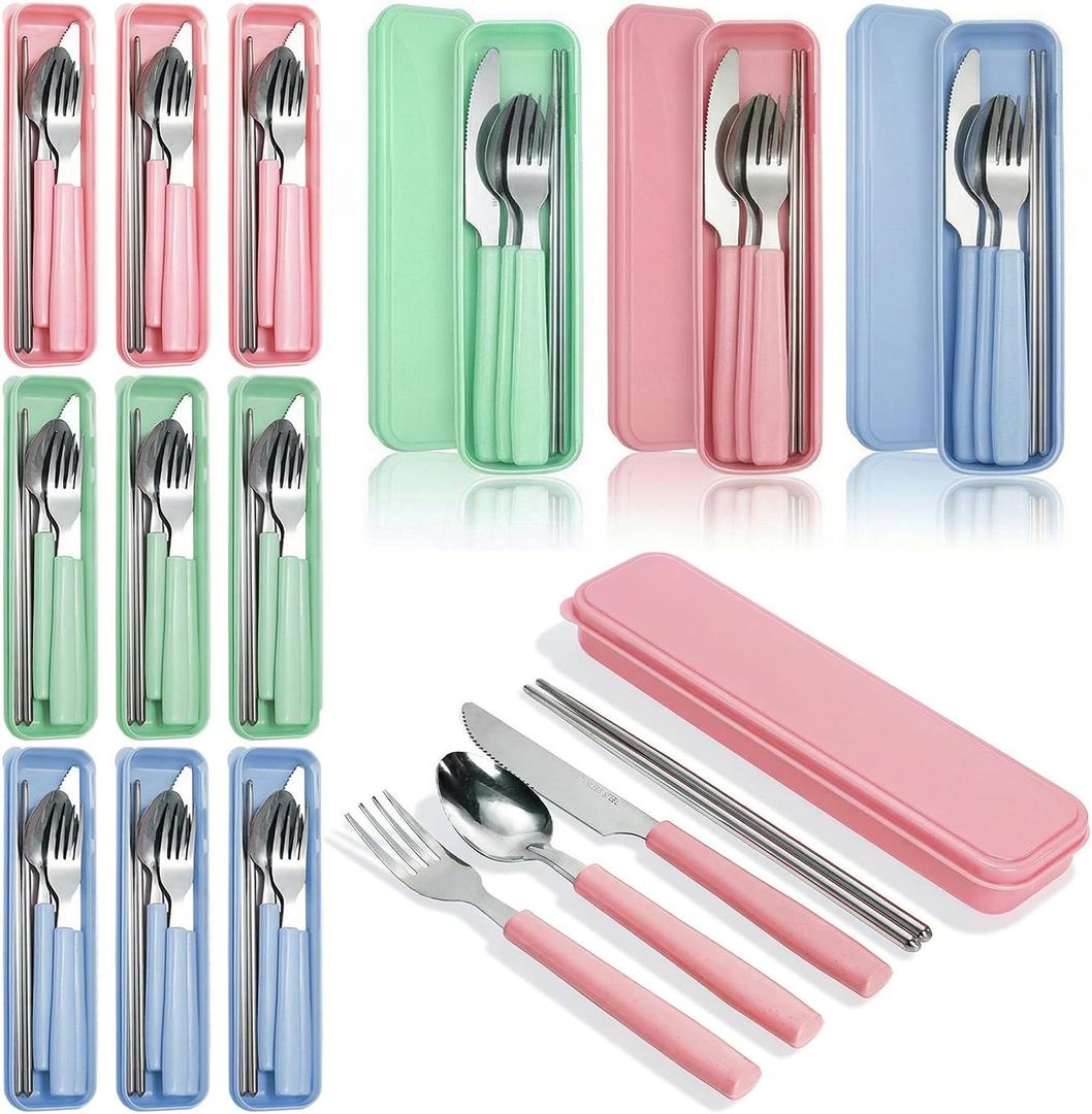 9 x Nicunom 9 Pack Reusable Travel Utensils with Case, Portable Stainless Steel Flatware Set, Knife Fork Spoon Chopsticks, for Camping Lunch Box Picnic