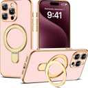 Compatible with iPhone 15 Pro Max Case with Magnetic Ring Stand [Compatible with Mag-Safe] [Full Camera Lens Protector] Soft Plating Phone Case for iPhone 15 Pro Max 6.7", Solid Pink