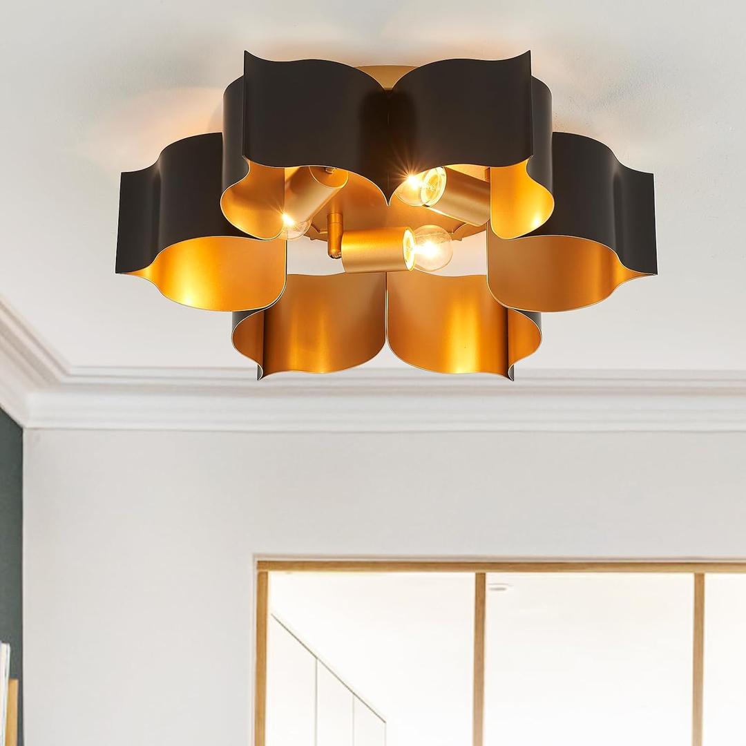 VILUXY Modern Black and Gold Flush Mount Ceiling Light 19 Flower Close to Ceiling Light Fixtures 3 Lights Vintage for Hallway, Entryway, Closet, Bedroom, Kitchen