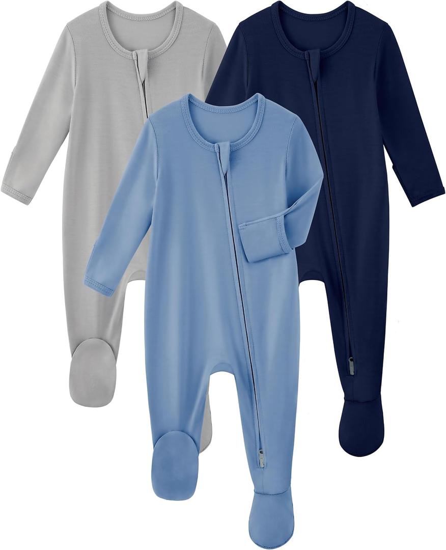 Yoofoss Rayon Made From Bamboo Baby Pajamas 3pcs Newborn Sleepers For Boy Girl Clothes, 0-3 3-6 6-9 Months Footed Pjs (Blue&grey&navy)