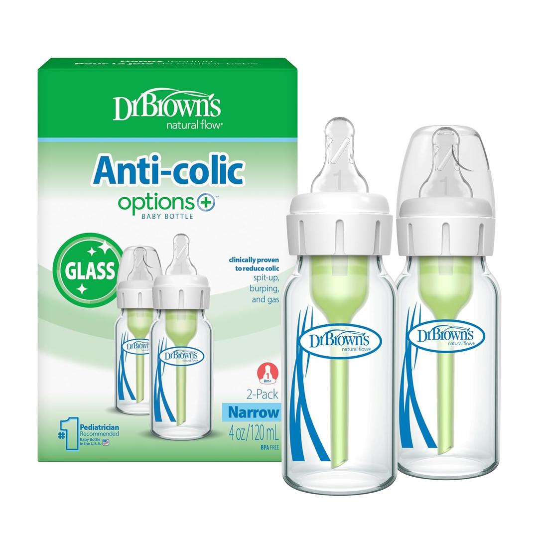 Dr. Brown's Anti-Colic Options+ Narrow Glass Baby Bottle with Level 1 Slow Flow Nipple, BPA-Free, 4 oz/120mL, 0m+, 2-Pack 