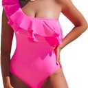Hilinker Women's Ruffle One Shoulder One Piece Swimsuit Monokinis Bathing Suit Hot Pink, Small