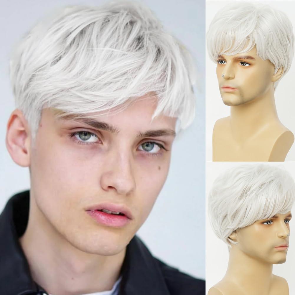 White Short Mens Wig with bangs Layered Synthetic Hair Daily Wigs for Male Use
