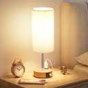 Touch Bedside Table Lamp with Memory - Stepless Dimmable Lamp for Bedroom, Small Nightstand Lamp with Dual USB Charging Ports and AC Outlet, Wood Night Light, Deak Lamp for Nursery, Living Room, Dorm