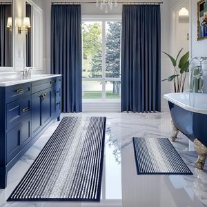 BSICPRO Bathroom Rugs and Mats Sets, 2 Piece Thick Absorbent Chenille Bath Mat Rug Set Non Slip, Soft Shaggy Bath Room Floor Mats for Bathroom, Machine Washable (Navy, 24" x 70" Plus 20" x 32")