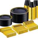 WELLIFE 300 PCS Black and Gold Dinnerware Set for 50 Guests, Disposable Plastic Plates for Party, Gold rimmed Plastic Dinner Plates, Salad Plates, Cups, Silverware Set for Party Supplies