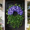 Artificial Hydrangea Wreath for Front Door Outside - Fake Hydrangea Real Touch Ivy, Spring Summer Greenery Flowers Wreath, for Home Mantel Window Farmhouse Decor (23", Purple)