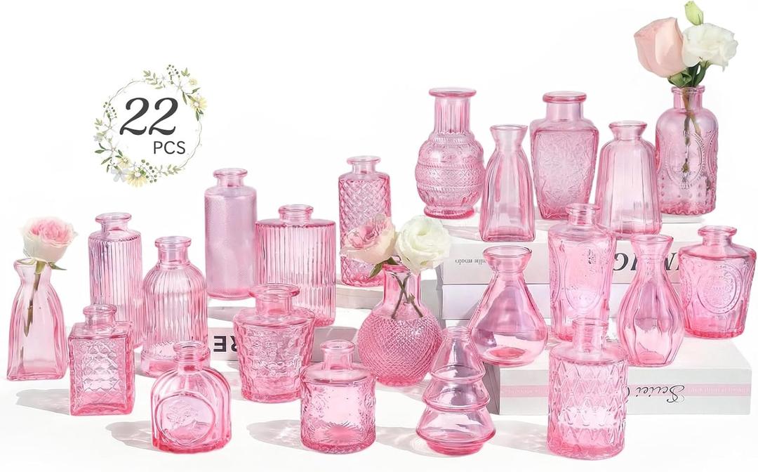 RUCKAE Pink Flower Vase in Bulk 22 Glass Bud Vases Vintage Small Vases for Centerpiece Table Wedding Decorations Home Decor Party
