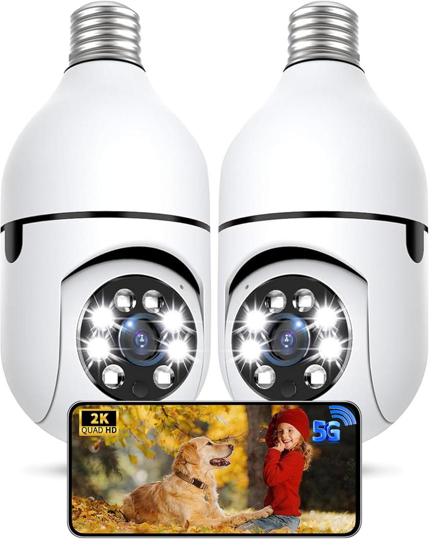 Light Bulb Security Camera 2 Packs, 5G&2.4GHz 2K Security Cameras Wireless Outdoor 360° PTZ Cameras for Home Security with Color Night Vision, 2 Way Talk, AI Human Detection, Screw in Light Socket