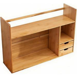 Bamboo Desktop Bookshelf with Drawers,2-Tier Desk Organizer Shelf,Small Desk Hutch with Storage for Office,Dorm,Bedroom,Home,Desk Top Bookshelf with Rounded Corners,22.8"x7.5"x18.1", 1 piece desktop storage rack
