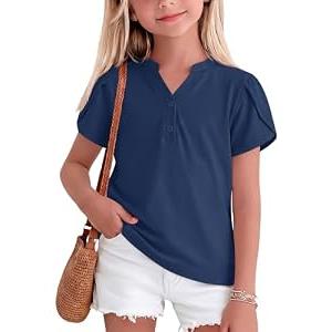 LessonZoo Girls Petal Short Sleeve T-Shirt V-Neck Button Top Solid T Shirts Summer Casual Tee Ages 5-14(13-14 Years, Haze Blue)