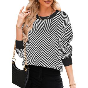 Dokotoo Women's Crewneck Cute Sweaters 2024 Striped Colorblock Fall Winter Knitted Pullover Tops (Medium, White)