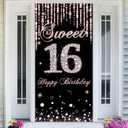 Sweet 16 Birthday Door Backdrop Rose Gold, Sweet Sixteen Party Decorations, Happy 16th Birthday Decorations for Girls, 16 Year Old Birthday Yard Sign Banner Photo Props Decor, Fabric