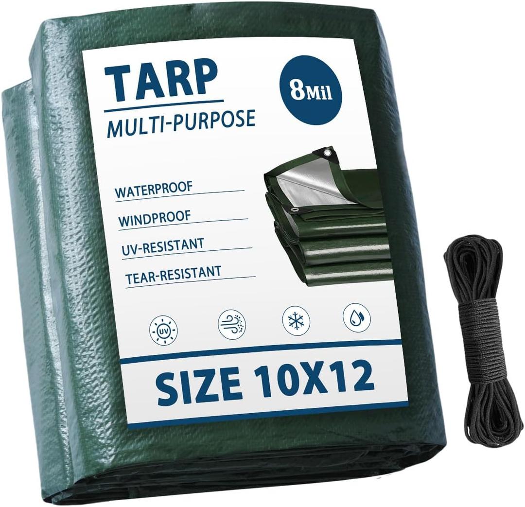 Tarp Waterproof 10x12FT Multi-Purpose Green Poly Tarps Cover 8Mil