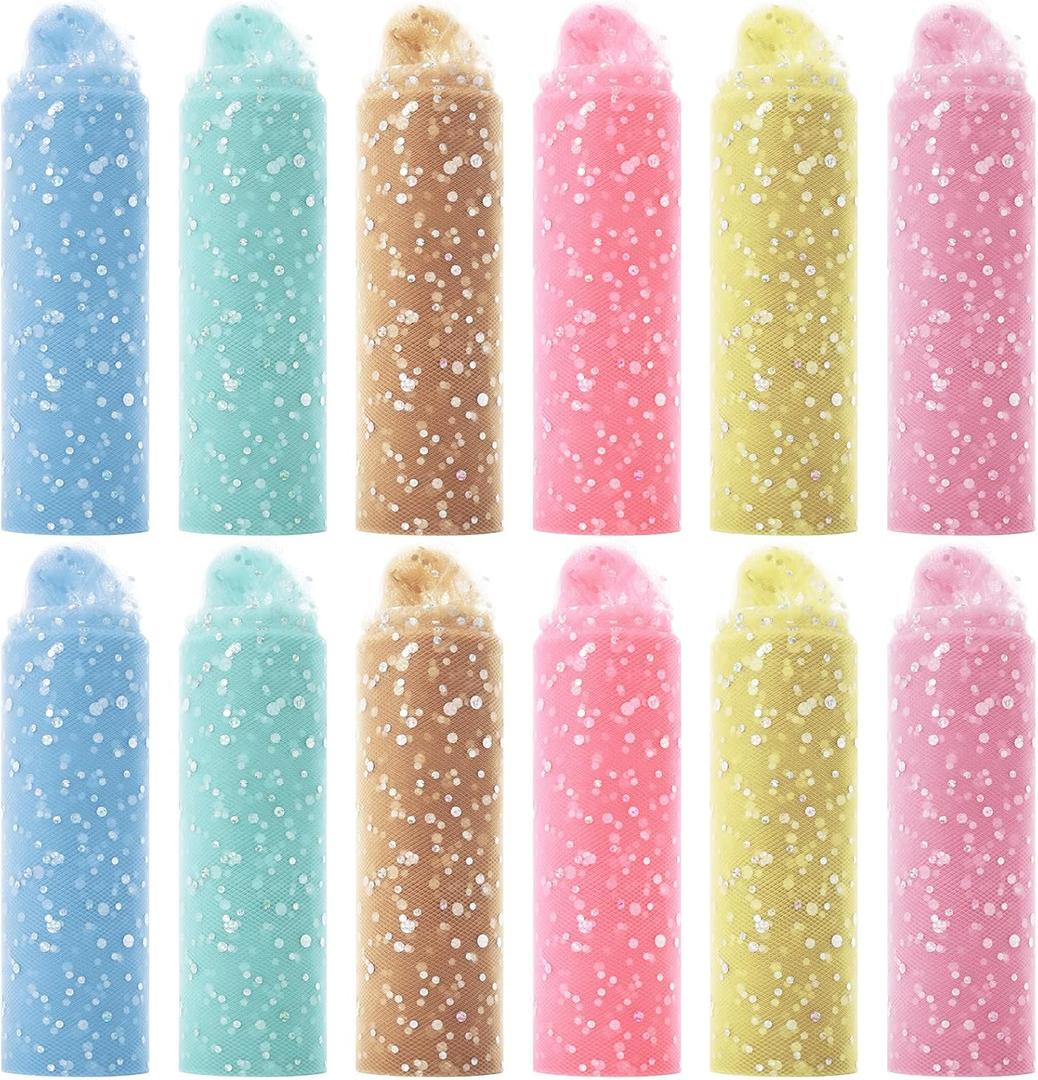 Chumia 12 Pcs Rainbow Glitter Tulle Rolls 6 Inch by 10 Yards 30 Feet glitter tulle Roll Fabric with Shiny Sequin Craft Fabric for Table Chair Bow Pet Tutu Skirt Sewing Wedding Birthday (Morandi Color)