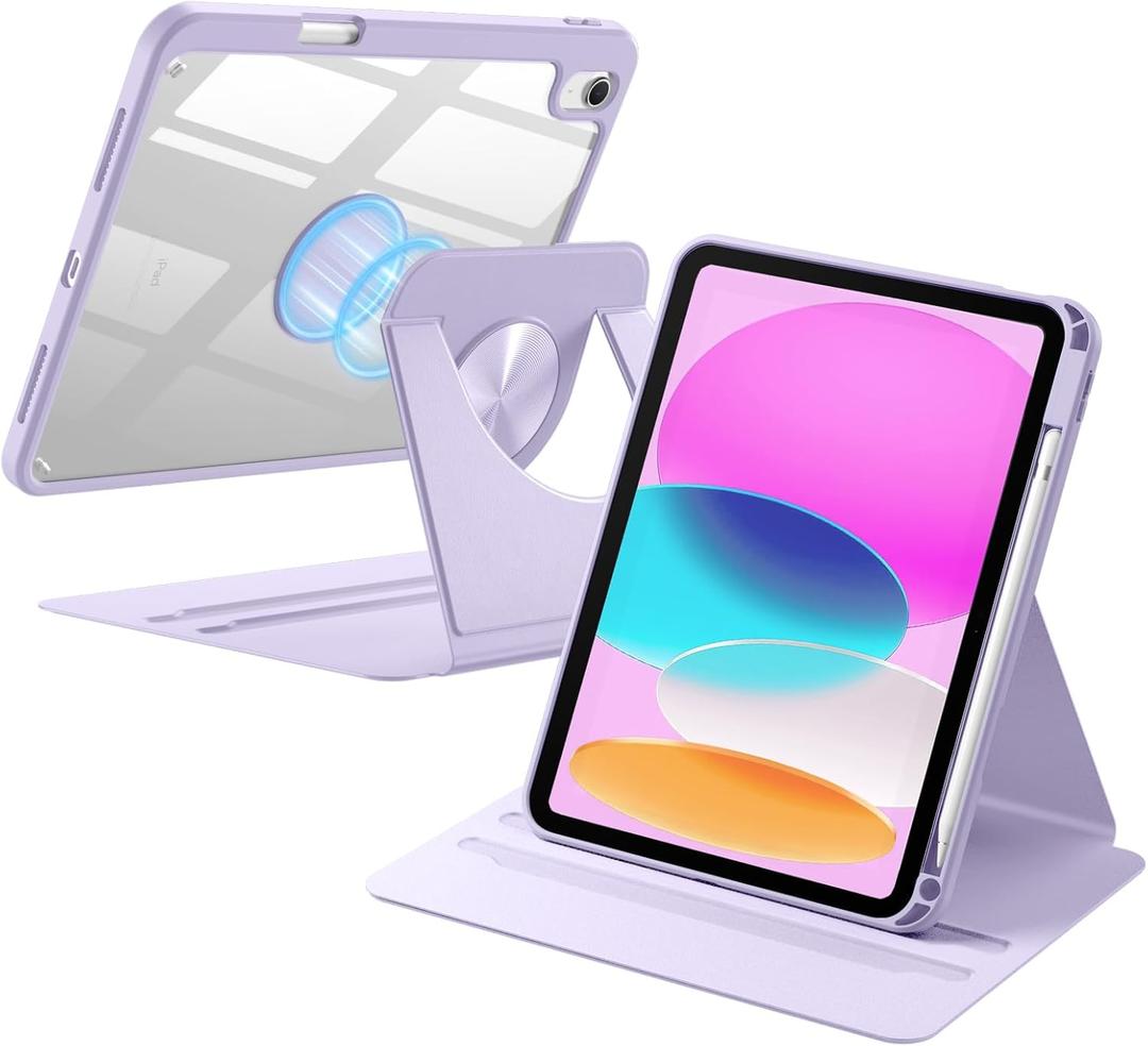 Wenlaty for iPad (A16) 11th Generation Case 11 Inch 2025, for iPad 10th Generation Case 10.9 Inch 2022 with Pencil Holder, 360 Rotating Protective Stand Cover, Detachable Magnetic Back, Lavender