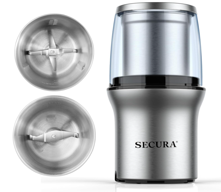 Secura Electric Coffee Grinder and Spice Grinder with 2 Stainless Steel Blades