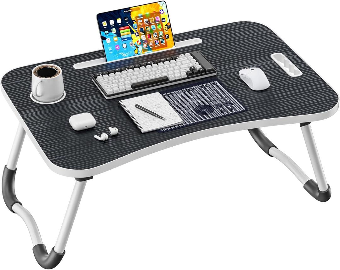 Folding Lap Desk, 23.6 Inch Wood Laptop Bed Desk with Cup Holder, Portable Bed Table for Working Writing Reading & Eating for Bed, Sofa, Couch, Floor - Black