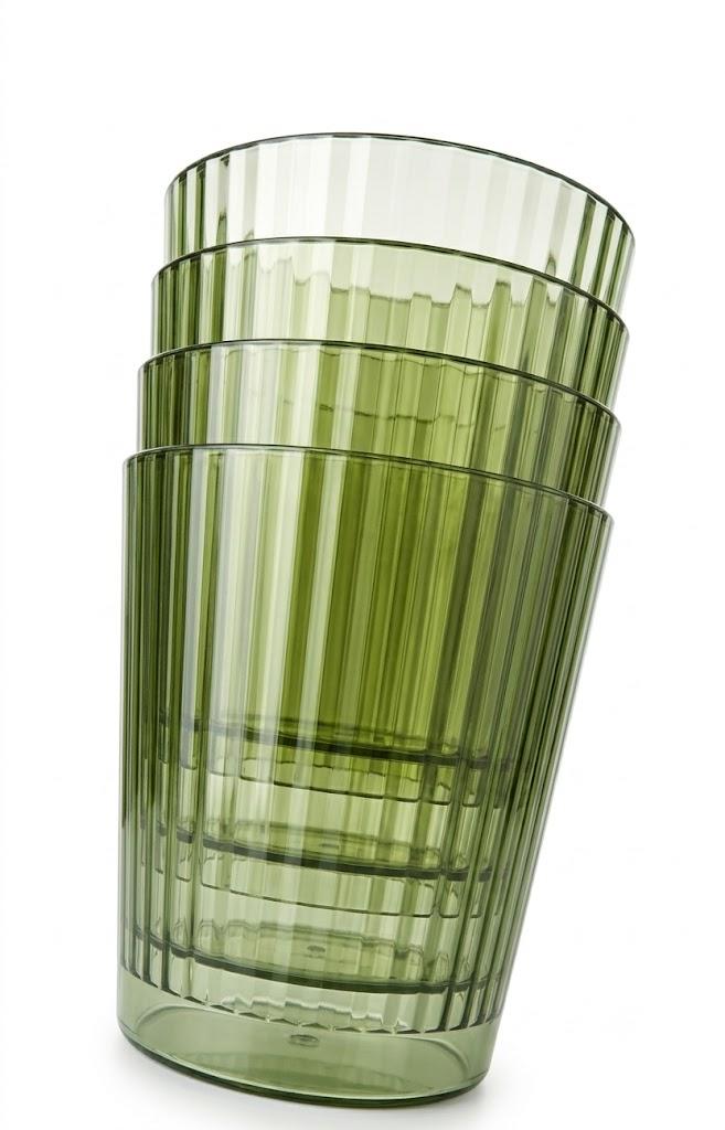 4 pack green ribbed or fluted drinking glasses or tumblers.