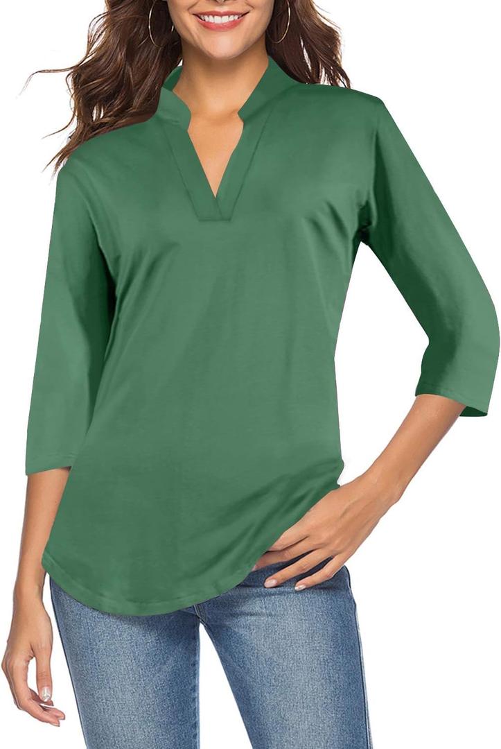 CEASIKERY Women's 3/4 Sleeve V Neck Tops Casual Tunic Blouse Loose Shirt (Green, M)