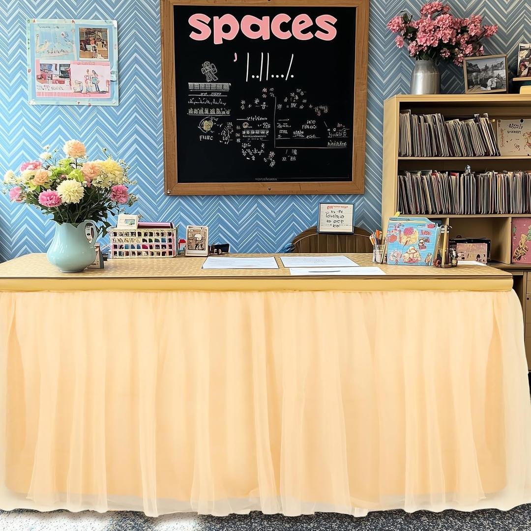 Tioncy 6 ft x 30 in Teacher Desk Skirt Champagne Tulle Desk Skirt for Classroom Rectangle Table Back to School Supplies for Kindergarten Preschool Middle School Classroom Decor