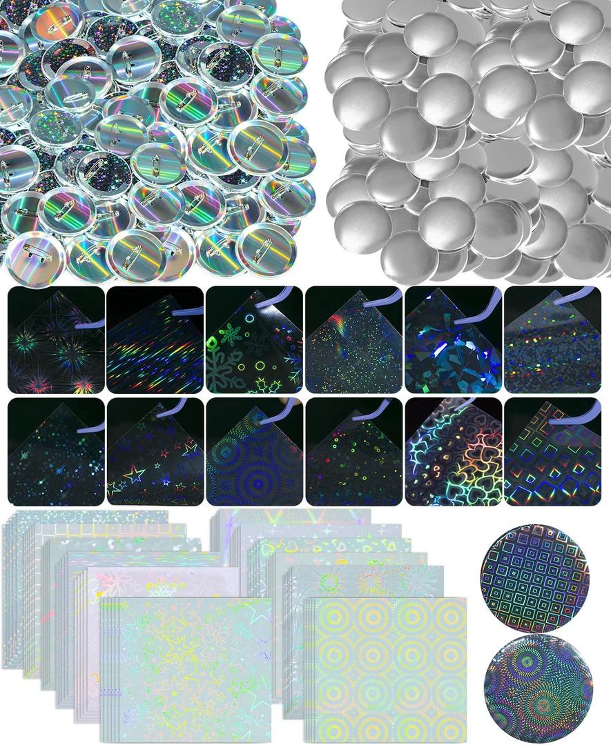 200 Sets Button Maker Supplies for Pin Maker Machine Kit Button Maker Machine, 200 PCS Sparkling Stickers, 100 Laser Back 100 Starry Back 200 Shell for Button Press