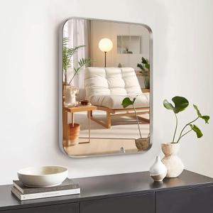 16x24 inch Brushed Nickel Bathroom Mirror for Wall, Rounded Rectangle Mirror with Metal Frame Hanging for Bathroom Entryway Vanity,Living Room,Bedroom,Vertical or Horizontal