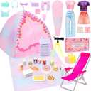 34 Pcs Doll Travel Camping Tent Playset for 11.5 Inch Girl Dolls Includes Clothes, Tent, Telescope, Backpack, Sleeping Bag & Other Camping Accessories for Dolls Travel Camping Toy SetNO Doll