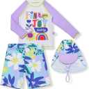 Girls Rash Guard Swimsuit Sets Rabbit Floral Print 3 Pieces Long Sleeve Summer Beach Swimwear 150