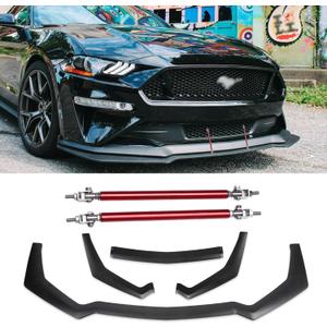 3PCS Matte Black Front Bumper Lip Chin Spoiler Splitter Diffuser Protector Body Kit with Adjustable 10"-13" Red Support Rod Compatible with 2018-2022 Ford Mustang Ecoboost GT V8