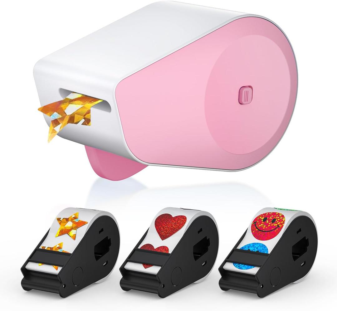 Manual Sticker Dispenser G2.0 with Gold Star,Heart and Smiley Face Stickers for Kids Rewards-Pink
