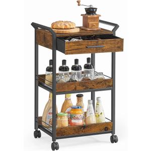 VASAGLE Storage Cart, 3-Tier Rolling Utility Cart with Table Top, Handles, 4 Lockable Casters, Top Drawer, Mesh Shelves, for Kitchen, Bathroom, Bedroom, Rustic Brown and Ink Black ULRC048K01