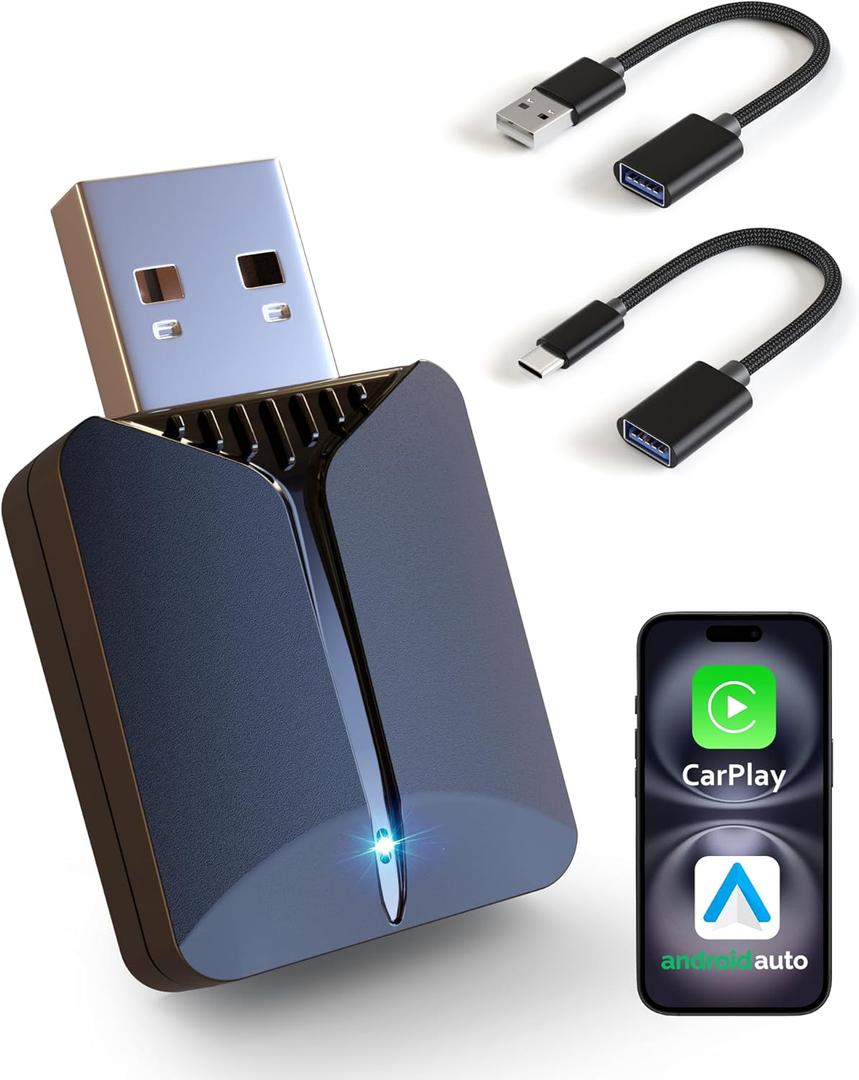 2026 Wireless Carplay Adapter-Android Auto Wireless Adapter 2 in 1, 5.4/6GHz Carplay Bluetooth Adapter Plug and Play Auto Reconnect, Mini Size with USB&Type-C Extension Cable,for iPhone & Android