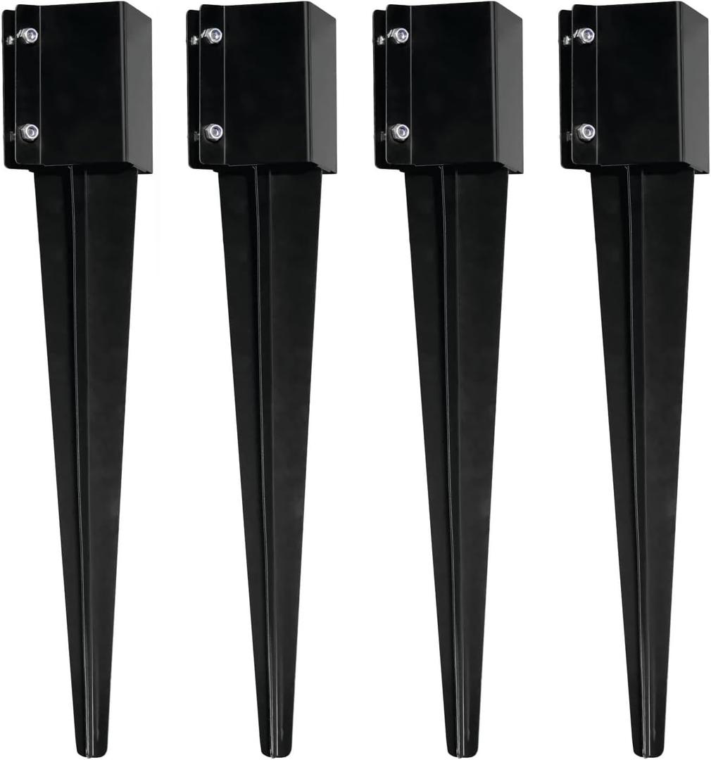 4 Pack 24'' Fence Post Anchor Ground Spike Metal Black Powder Coated 24 x 4 x 4 Inches Outer Diameter (Inner Diameter 3.5 x3.5 Inches)