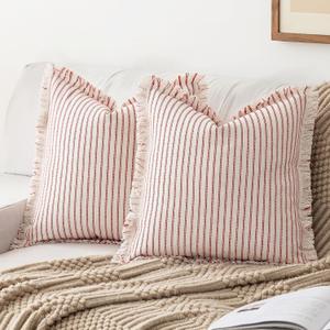 Throw Pillow Covers 20x20 Set of 2 Striped Fringe Pillow Cover Farmhouse Cushion Covers with Tassel Neutral Boho Pillows Decorative Square Pillowcase for Couch Sofa Bed, Red