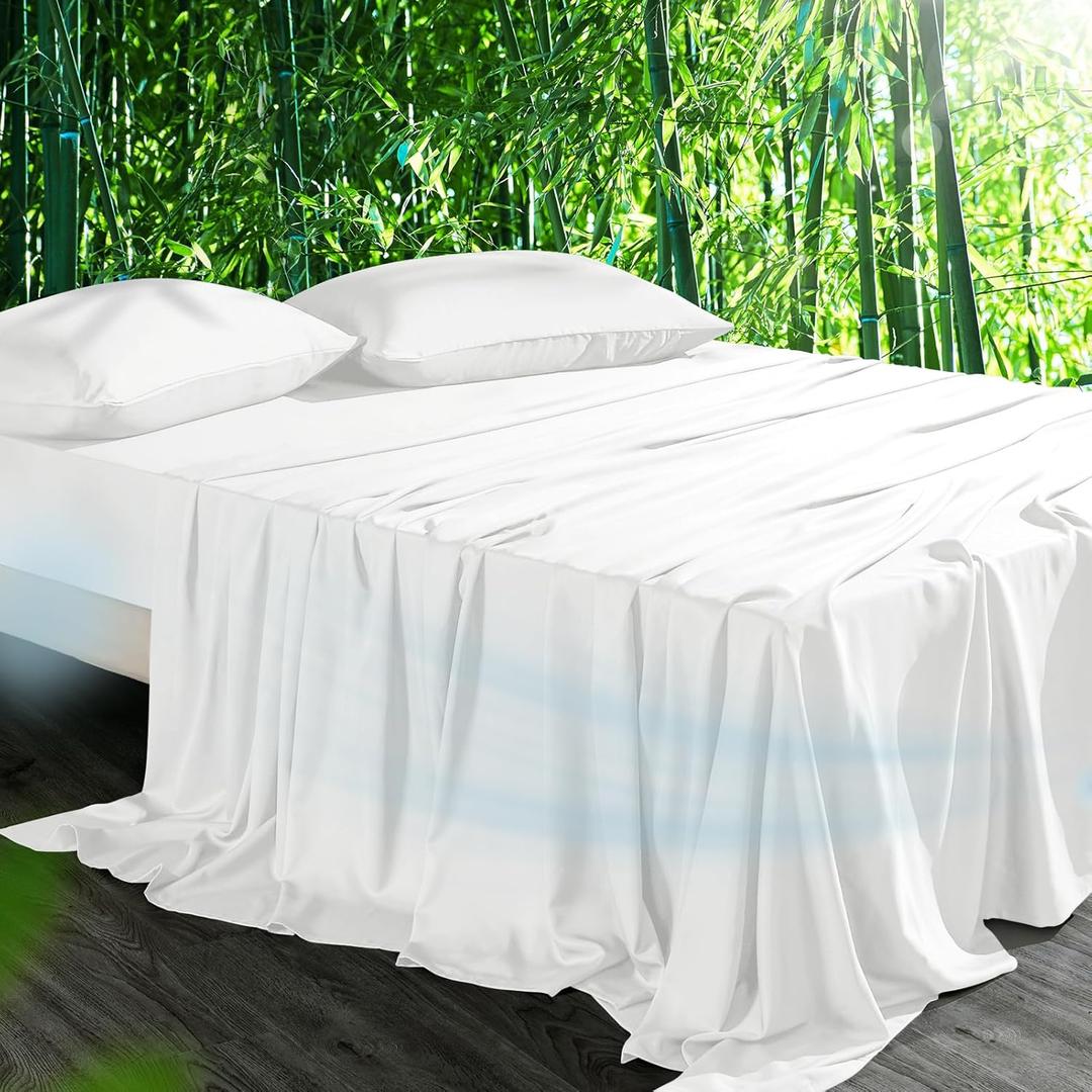 Cooling Sheets Set Queen Size, Viscose Derived from Bamboo for Hot Sleepers | Deep Pocket Up to 16 Inch | Silky Soft & Breathable Bedding - 4PC (Queen, White)